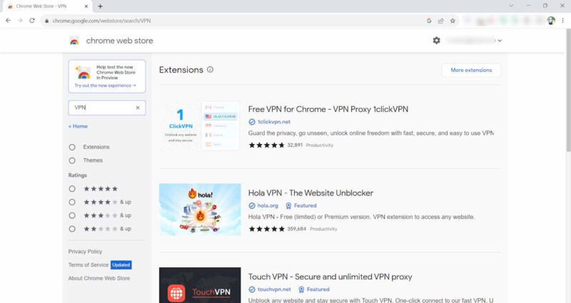 VPN extension options available in Chrome Web Store.