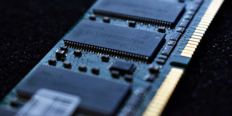 A photograph of a zoomed-in photograph of a memory module.