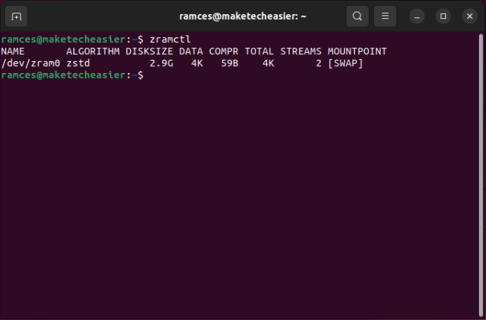 A terminal showing the ZRAM block device using a larger memory base and a different algorithm.