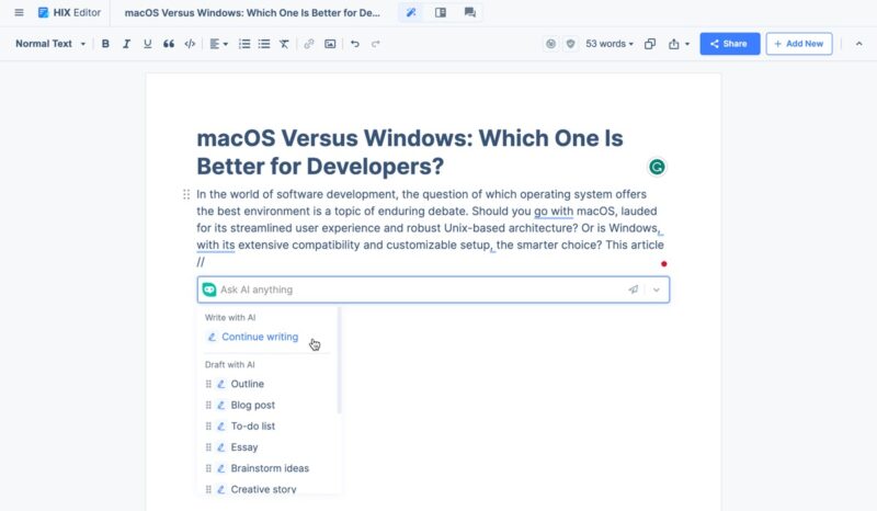 Continue Writing Feature Hix Editor