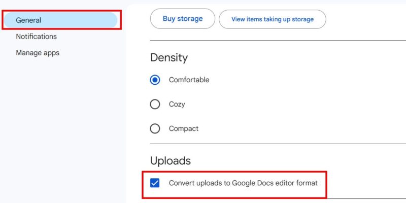 Ticking the box next to "Convert uploads to Google Docs editor format" in Google Drive.