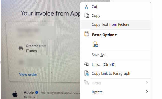 Copy Text From Picture Option In Onenote