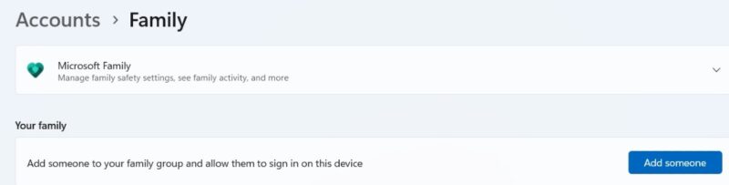 Clicking on "Add someone" button under Family in Windows Settings.