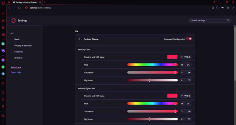 Customizing themes in Opera GX browser.