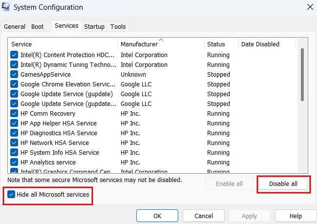 Select all Non Microsoft Services and click Disable All