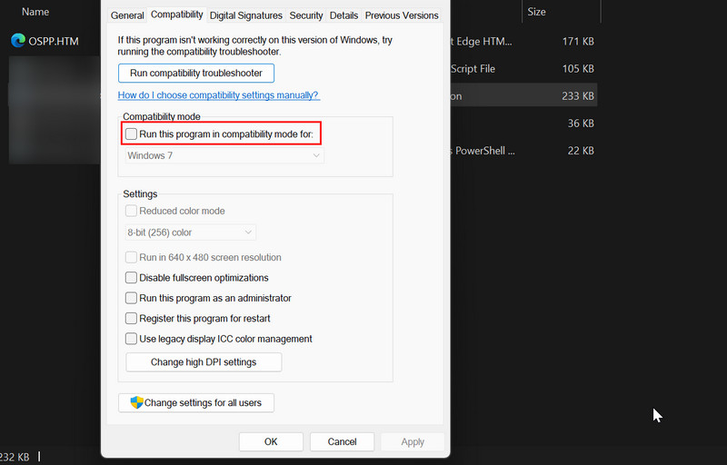 Disabling "Run this program in compatibility mode for" option in program Properties window.