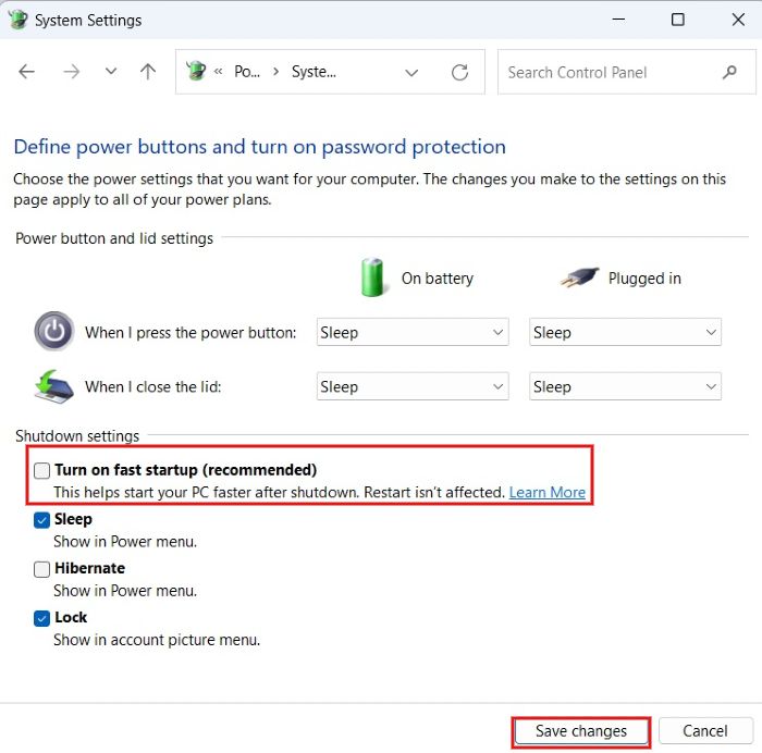 Disabling "Turn on fast startup" option in Control Panel. 