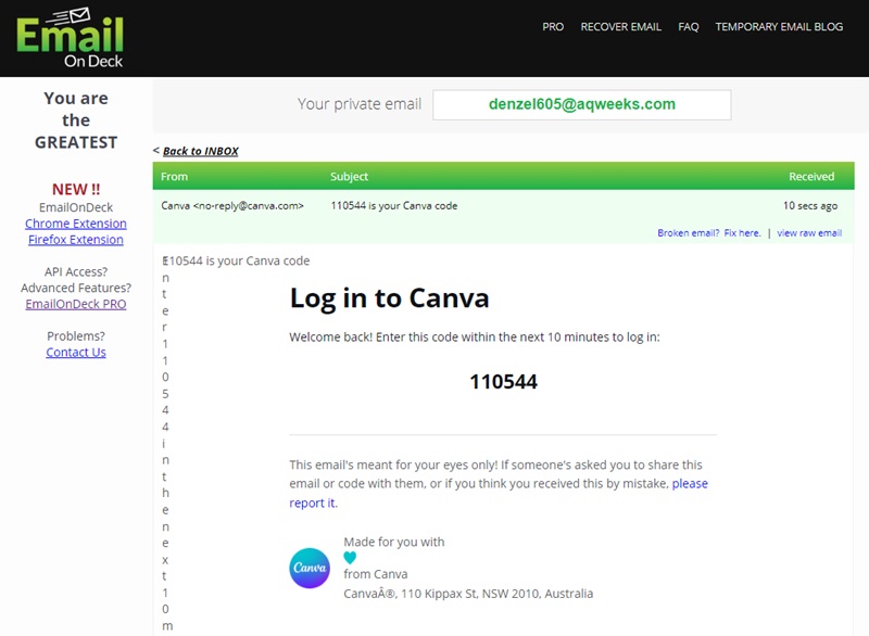 Sample email arriving in EmailOnDeck, one of many throwaway email providers.