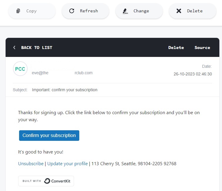 TempMail's inbox with sample message.