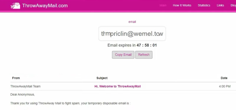 ThrowAwayMail's inbox page and generated email.