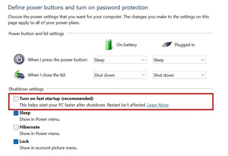 Turning off fast startup on Windows.