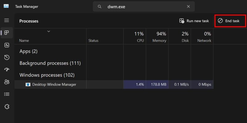 Pressing the "End task" button for Desktop Window Manager.
