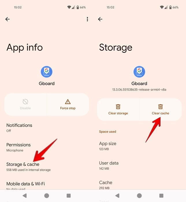 Deleting cache for Gboard on Android device.