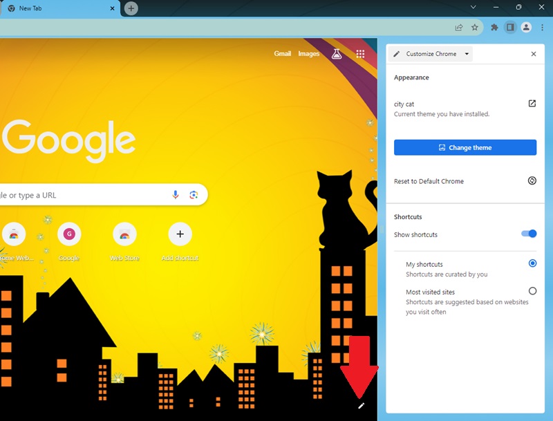 Editing Chrome's appearance with the Edit pencil.