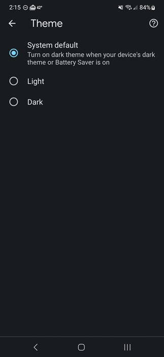 Theme selector in mobile Chrome browser.