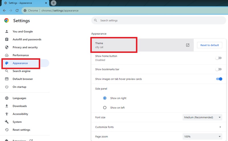 Changing Chrome's theme by using the Appearance section of the Settings.