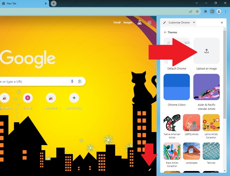 Menu for uploading a custom image to Chrome.