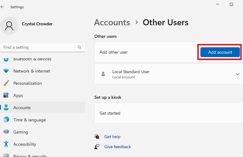 Adding a new account in Windows settings.