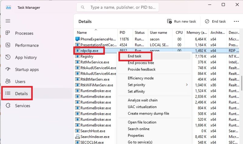 Task Manager window showing how to end the rdclip task.
