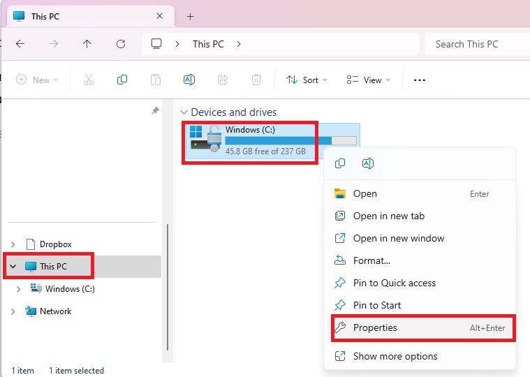 Selecting Properties from the right-click menu in This PC.