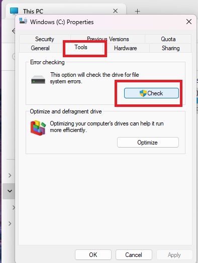 Running chkdsk from the Properties menu of the hard drive.