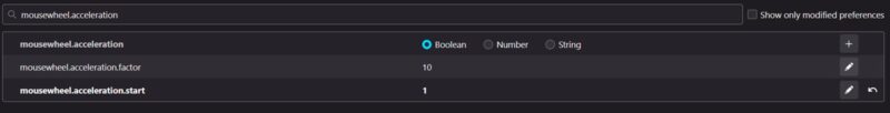 Tweaking "mousewheel.acceleration" values in Firefox.