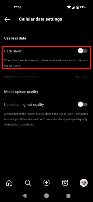 Toggling off "Data Saver" in Instagram app for Android.