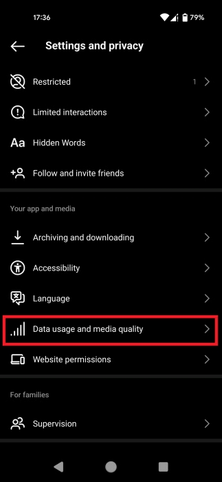 Selecting "Data usage and media quality" option in Instagram.