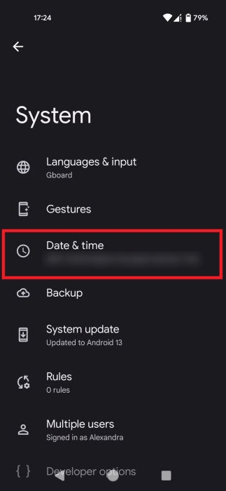 Tapping "Date & time" in Android Settings.