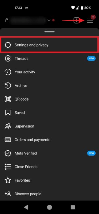 Selecting "Settings and privacy" option from profile menu in Instagram mobile app.