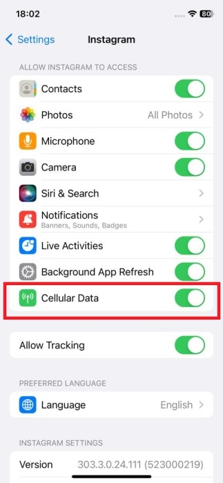 Enabling "Cellular Data" for Instagram on iOS device.
