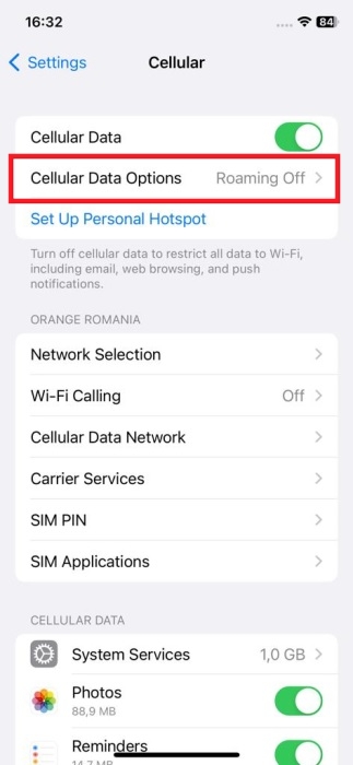Tapping on "Cellular Data Options" in iPhone Settings.