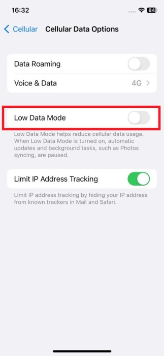 Enabling "Low Data Mode" option in iPhone Settings.