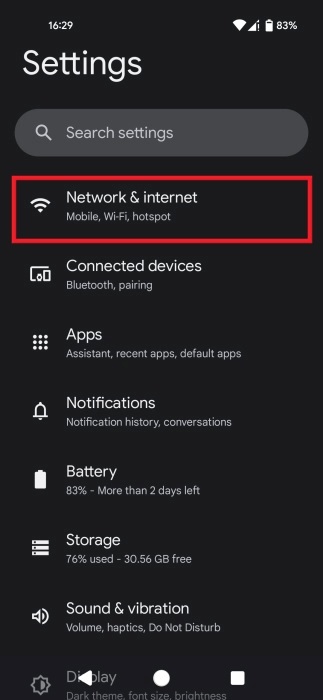Tapping on "Network & internet" in Android Settings.