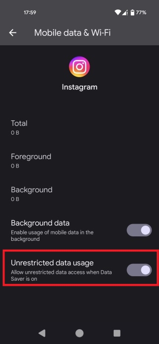 Enabling "Unrestricted data usage" toggle in Android Settings.