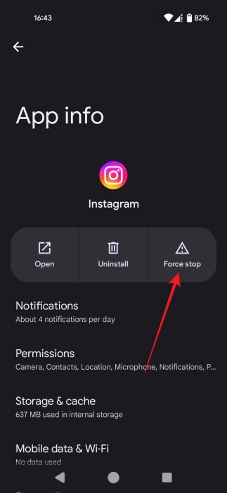 Tapping on the "Force button" in App info page for Instagram app on Android.