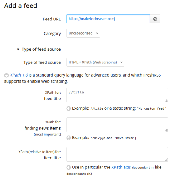 A screenshot showing FreshRSS' web scraping tool.
