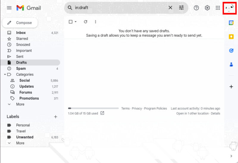 A screenshot highlighting the user icon in Gmail.