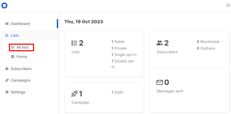 A screenshot highlighting the "All lists" option on the Listmonk dashboard.