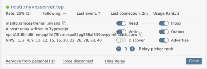 A screenshot showing the active features of the current nostream instance.