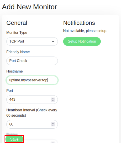 A screenshot showing the complete details of a simple port check monitor.