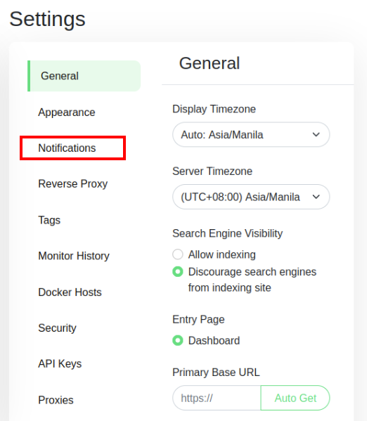 A screenshot highlighting the Notifications category.