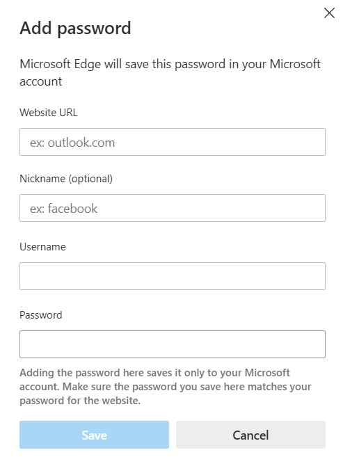 Adding new password in Microsoft Edge on PC.