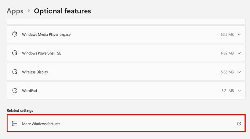 Clicking on "More Windows features" in the Optional features submenu in Windows Settings.