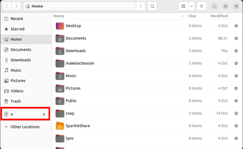A screenshot of the default file manager in Ubuntu with a highlight on the attached external drive.