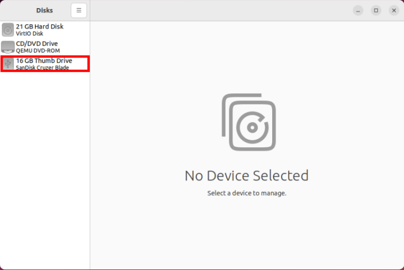 A screenshot highlighting the external drive on the GNOME Disks utility.