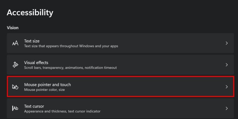 Navigating to "Mouse pointer and touch" settings in Windows.