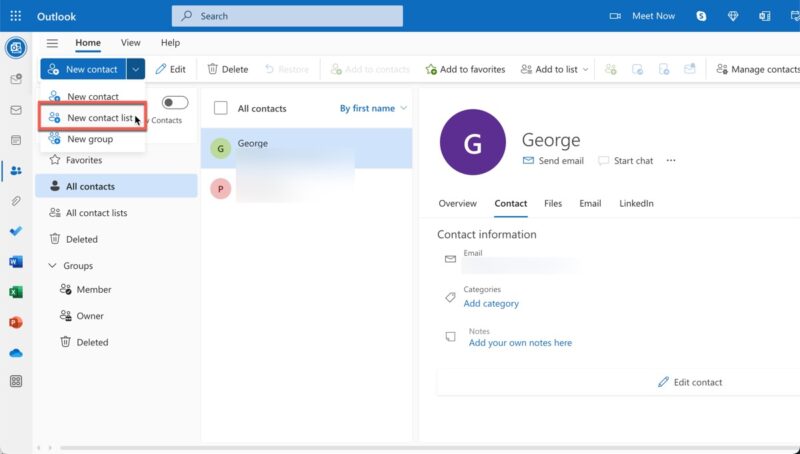 New Contact List Outlook On The Web Selected