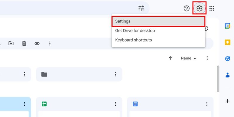 Opening Settings in Google Drive.
