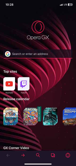 Opera GX app for mobile view.